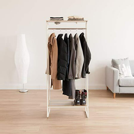 White and Light Brown PI-B2 IRIS USA Metal Garment Rack with 2 Wood Shelves